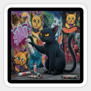 Sleek Black Cat Sprays Graffiti on Wall Sticker